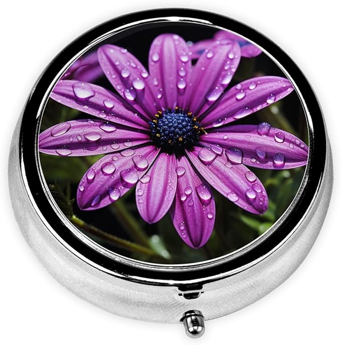 Purple Daisy Print Pill Box 3 Compartment Small Pill Case Portable Pill Box for Pocket Or Purse Cute Medicine Organizer Holder to Hold Vitamins Medication