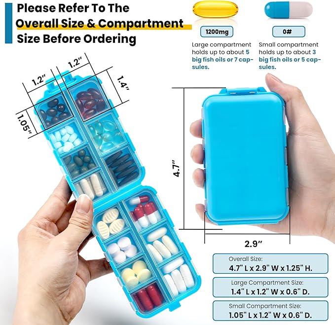14 Grids Travel Pill Organizer Box with 415-Pcs Medicine Name Labels - Pocket Daily Pharmacy Case Container Kit - Travel Medication Holder Dispenser for Fish Oil Vitamin Supplement Storage - Blue