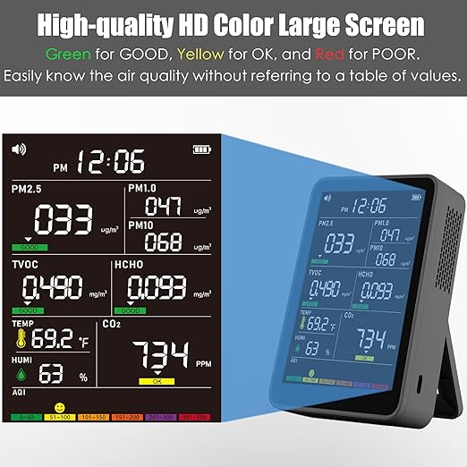 Professional Indoor Air Quality Monitor with AQI Alerts, Portable Real-Time Detector for Home, Car, Plants & Pet