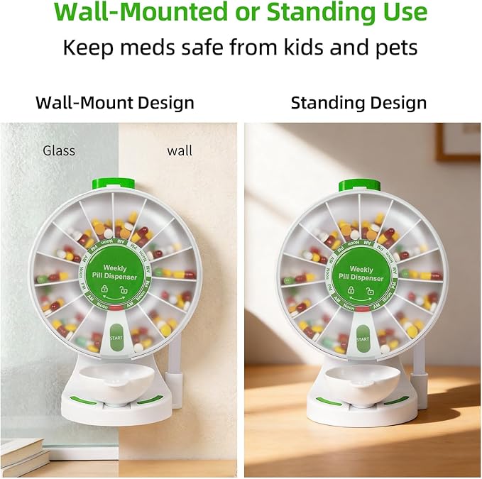 EziMedPil Pill Dispenser Daily, 14 Days Large Pill Organizer with One-Press Button, Standing Use or Wall-Mounted or Glass-Sticking Pill Container w/Med Cup, Weekly Pill Box for Vitamin,Medicine(Green)