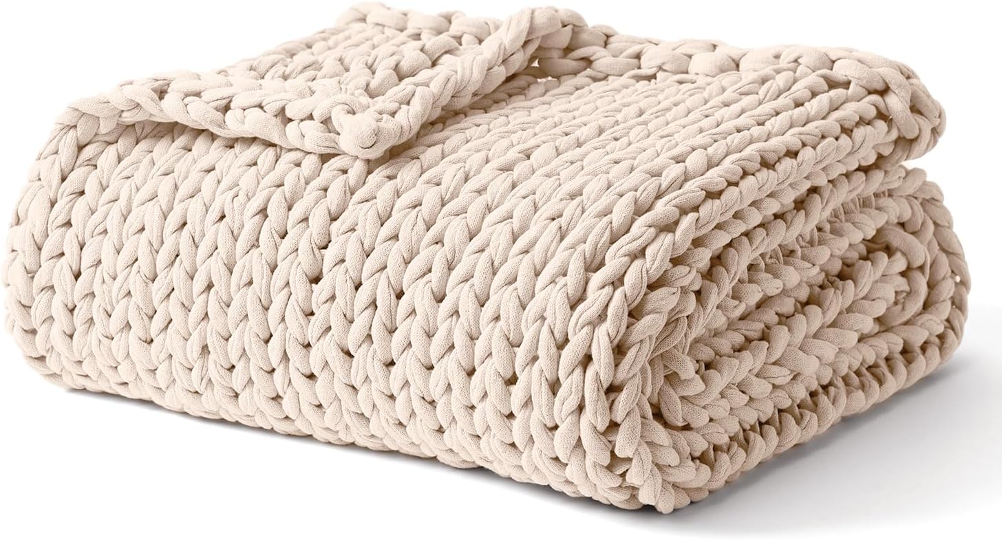 YnM Cooling Weighted Blanket, 100% Cotton Handmade Chunky Knitted Blanket, Weighted Lap, Breathable Heavy Blankets, Machine Washable Throw for Sleep or Home Decor (Cream, 35x40 Inch, 5lbs)