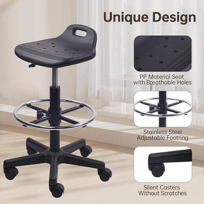 Drafting Stool Chair with Footrest, Ergonomic Breathable Seat Adjustable Height 360° Swivel Rolling Stools, Tall Office Chair for Standing Desk, Spa, Counter, Medical, Salon, Black, 4 Pack
