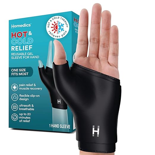 HoMedics Hot and Cold Relief Gel Hand Sleeve, Heat or Ice Therapy for Hand, Wrist, and Thumb, Soft-Touch Stretch Fabric, Contoured Hydrogel Design for Comfort and Relaxation