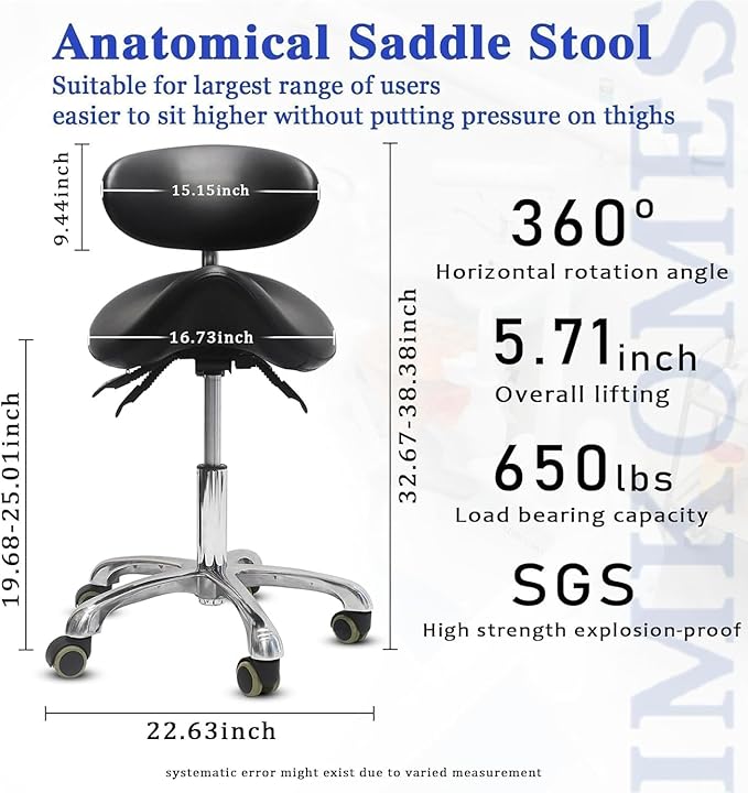 Saddle Stool with Wheels,3-Way Function Rolling Stool with Back Support,Ergonomic Stool Saddle Stool for Hair Stylist for Dentist Salon Tattoo(Black)