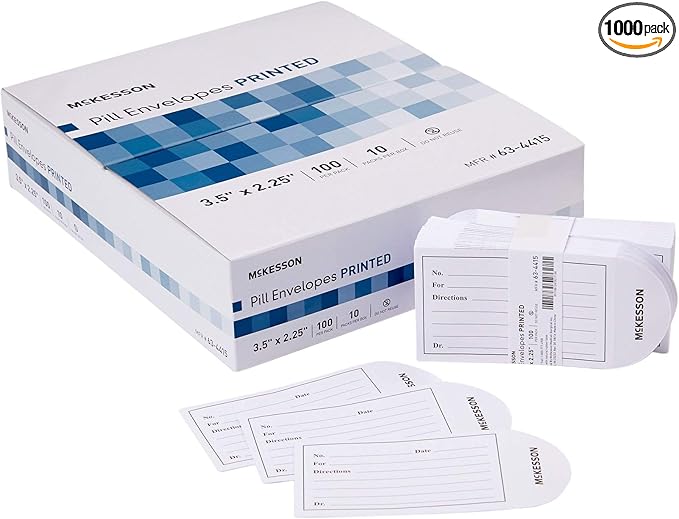McKesson Pill Envelopes for Medicine [1000 Count] Medication Packets, Imprinted, Moisture Seal, 100 Count, 10 Packs