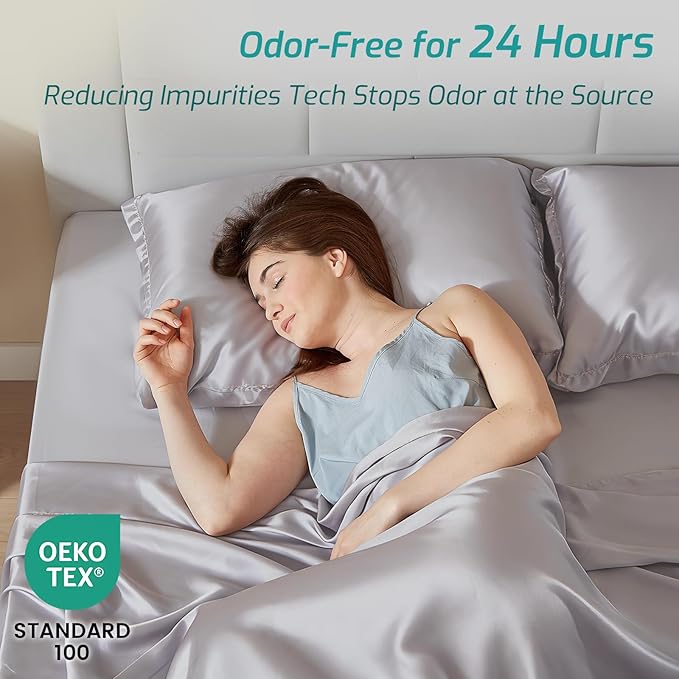 Silver Infused Bed Sheets - 20% Silk Blend Sheet with Self-Cleaning Technology for 3X Freshness Sleep, Luxe Soft Temperature Regulating Cooling Sheets for Hot Sleep (MoonlightGray,King)