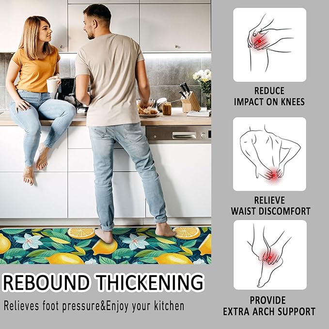 Bulijojo Lemon Anti Fatigue Kitchen Floor Mats Set of 2 Waterproof Kitchen Sink Runner Rug Standing Mat Cushioned Kitchen Rugs Comfort Doormat 17"x47"+17"x28"
