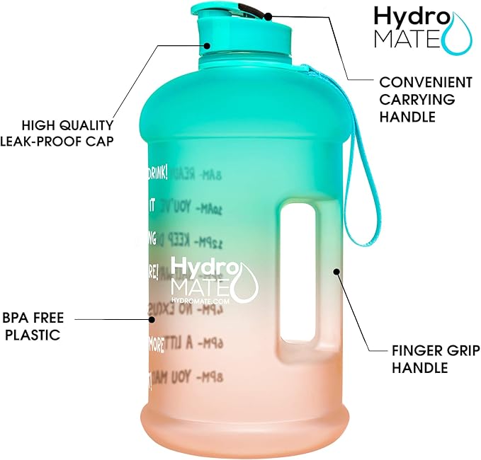 NatureWorks HydroMATE Half Gallon Water Bottle with Times to Drink BPA Free Leak Proof Reusable Jug with Handle 64 oz