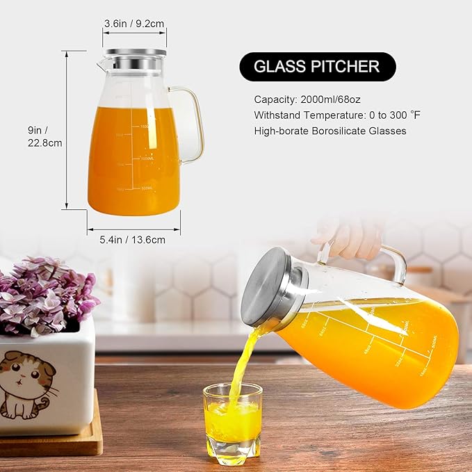 Aofmee Glass Pitcher with Lid, 68oz Water Pitcher with Handle and Precise Scale Line, Stainless Steel Iced Tea Carafe, Heat Resistant Borosilicate Jug for Juice, Milk, Cold or Hot Beverages