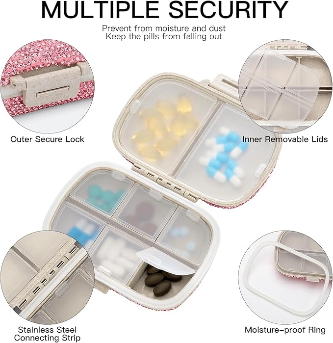 Soleebee Portable 8 Compartments Daily Pill Organizer, Bling Crystal Diamond Pill Box, Small Travel Pill Case, Pill Dispenser, Medicine Container Organizer to Hold Vitamin, Fish Oil (Pink)