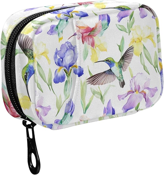 Fustylead Beautiful Hummingbirds Magnolia and Iris Flower Pill Organizer for Purse, Weekly Portable Pill Box with Zipper to Storage Vitamins Fish Oils Medications Supplements