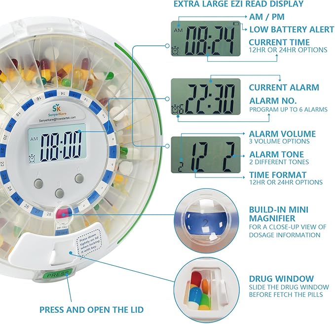 Automatic Pill Dispenser with Safety Lock, Flashing Light, Sound, Alarm, 28-Day Electronic Medication Dispenser for Vitamins and Tablets Up 6 Times/Day, Easy Read Display, Clear Lid