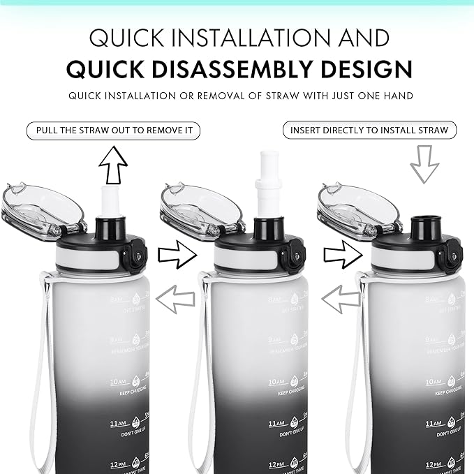 32oz Water Bottle with Time Marker, Motivational Drinking Bottle with Strap, BPA-Free Leak-Proof, Encouraging Water Bottle Time to Drink Water for Gym School Office Travel
