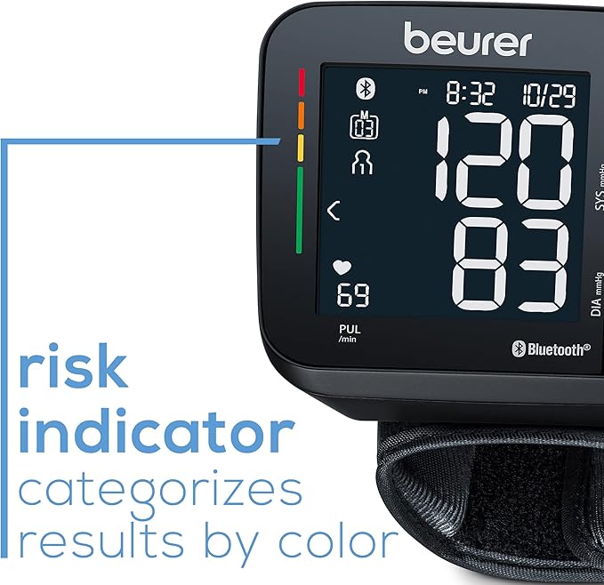 Beurer BC54 Wrist Blood Pressure Monitor with Bluetooth, Irregular Heartbeat Detector, Risk Indicator, Accurate Large Display, and Travel Case, Wrist Cuff up to 120 Memory Sets