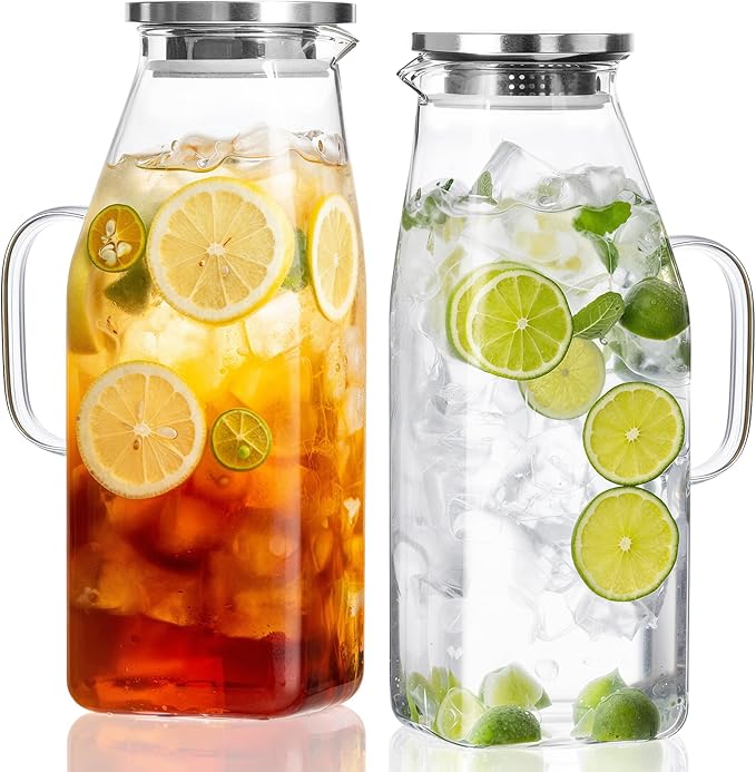 OneDream 68oz Square Glass Pitcher with Lid, 2 Pack Heat-Resistant Borosilicate Glass Water Pitcher, Wide Mouth Round Glass Pitcher with Handle, Leak-Proof Silicone-Edged Lid, for Iced Tea, Juice