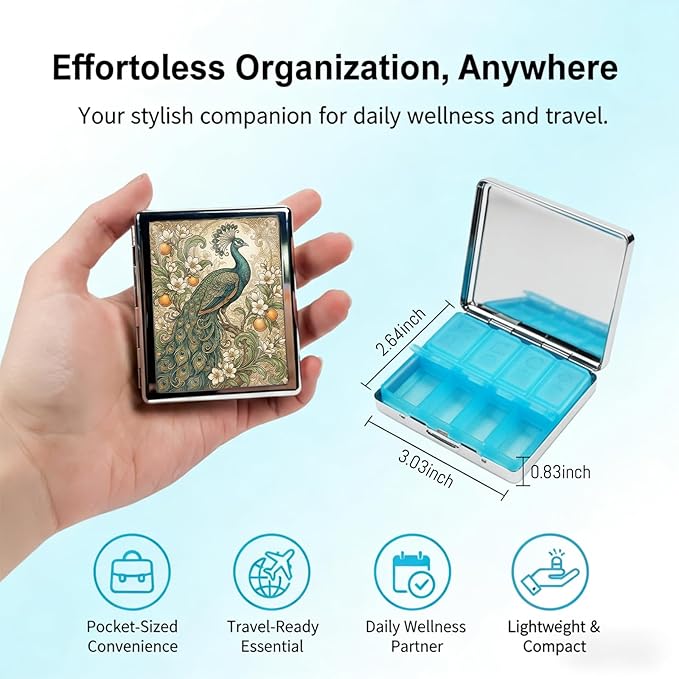 Metal 7 Day Pill Organizer, Cute Small Weekly Pill Case with 8 Compartments for Travel, Moisture-Proof Medicine Holder for Purse, Compact Daily Vitamin Box (Vintage Peacock)