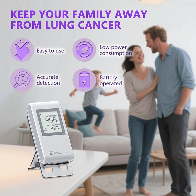 Home Radon Detector with Bracket，Portable Radon Test Kit for Home with Long and Short Term Radon Monitoring, Lightweight, Easy-to-Use, AAA Battery-Powered USA Version, PCi/L