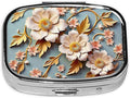 ABLESKY Pill Box, 2 Compartment Pill Organizer Case for Pocket or Purse, Small Portable Metal Travel Medicine Box with Mirror, Daily Vitamins Fish Oil Container-White Elegant Flowers Floral