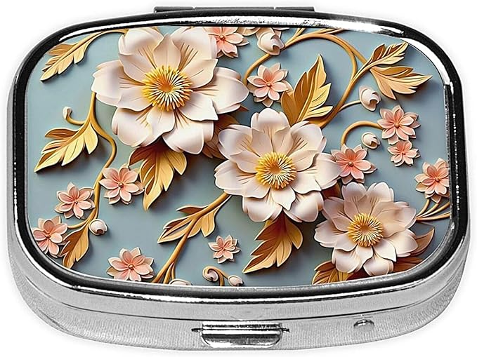 ABLESKY Pill Box, 2 Compartment Pill Organizer Case for Pocket or Purse, Small Portable Metal Travel Medicine Box with Mirror, Daily Vitamins Fish Oil Container-White Elegant Flowers Floral