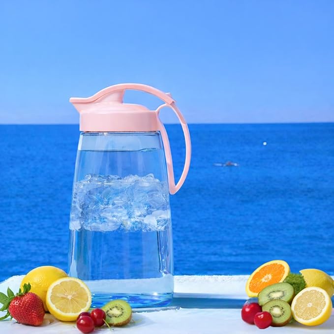One-Touch Airtight Water Pitcher with Quickpour Lid, 2.3QT (74oz) – Heat Resistant, Leakproof Jug for Hot & Cold Drinks, Coffee, Tea and More, Space-Saving, Dishwasher Safe, Made in Japan (Pink)