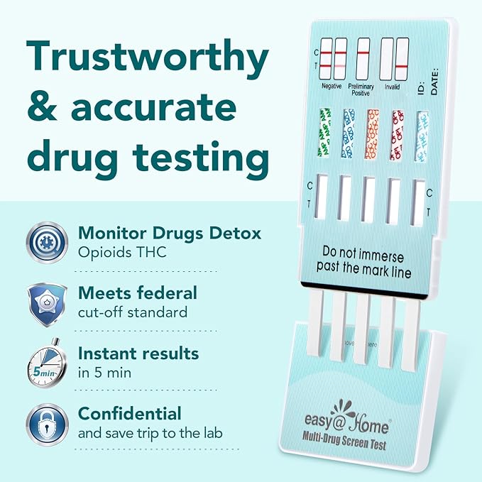 Easy@Home Multi-Drug Screen Test - Urine Drug Test Kit Testing 5 Most Used Drugs Amphetamine (AMP), Cocaine (COC), Morphine (OPI 2000), Oxazepam (BZO), Cannabinoids (THC 50) - #EDOAP-754 (50 Pack)
