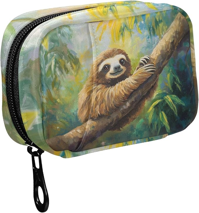 Fustylead Vintage Cute Tropical Sloth on Branch Oil Painting Travel Pill Organizer Bag with Zipper Small Pill Box 7 Day Pill Case for Purse Storage Weekly Vitamin Medicine Supplement