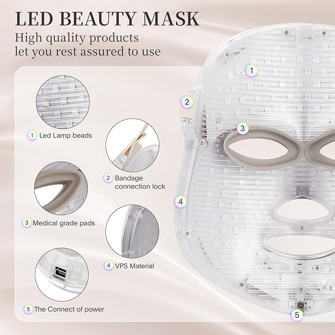 LED Face Mask Light Therapy, Red Light Therapy Mask with 7 Colors, 850nm Infrared & Red Light Therapy for Face, Portable Anti-Aging Skin Rejuvenation Tool with Timer for Home Use