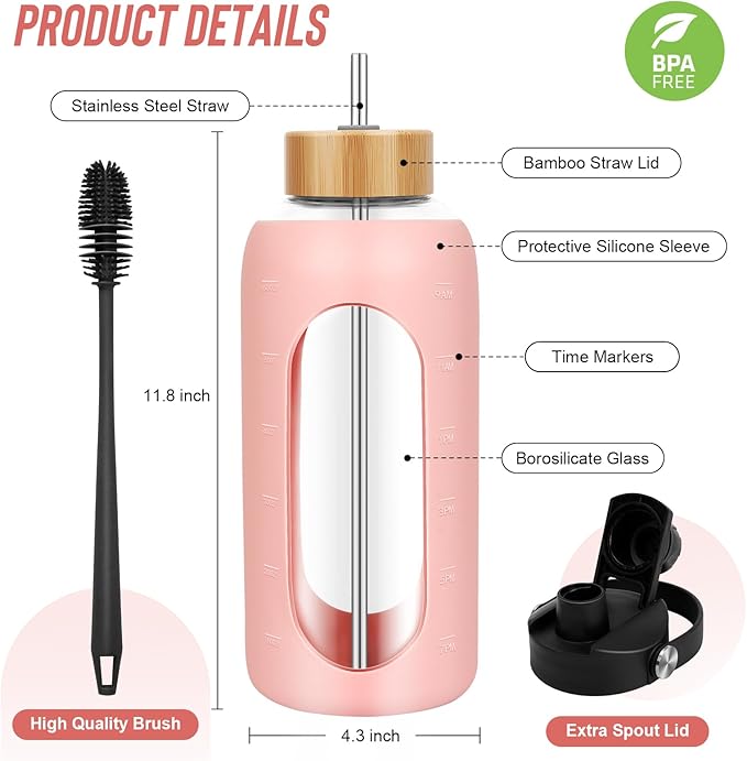 Glass Water Bottles 64 oz - Half Gallon Large Motivational Daily Water Intake Bottle Time Marker - Glass Water Bottle With Straw, Silicone Sleeve 2 Lids, Handle Spout & Bamboo Lid(Pink)