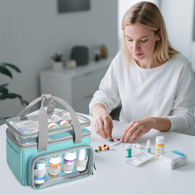 LUXJA Double-Layer Medicine Bag with Transparent Compartment, Pill Bottle Organizer with Detachable Divider (Suitable as a Home or Travel Medicine Bag), Blue