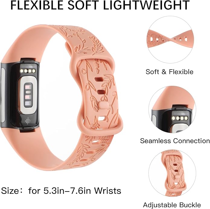 Flower Engraved Bands Compatible with Fitbit Charge 5 Band/Charge 6 Bands Women Cute Floral Engraving Soft Silicone Sport Strap Replacement Wristband for Fitbit Charge 5/6 Tracker Accessories