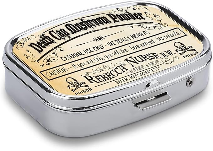 Metal 2 Compartment Pill Organizer Travel Friendly Portable Compact Pill Box Cute Pill Case to Hold Vitamins/Fish Oil/Supplements/Meds/Tablet for Purse/Pocket (Vintage Skull Label)