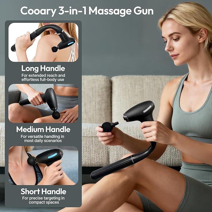 3-in-1 Detachable Percussion Massage Gun - with Upgraded Extension Handle, Back Massager for Pain Relief Deep Tissue, Muscles/Neck/Shoulders/Waist/Legs Massager with 4 Replaceable Massage Heads