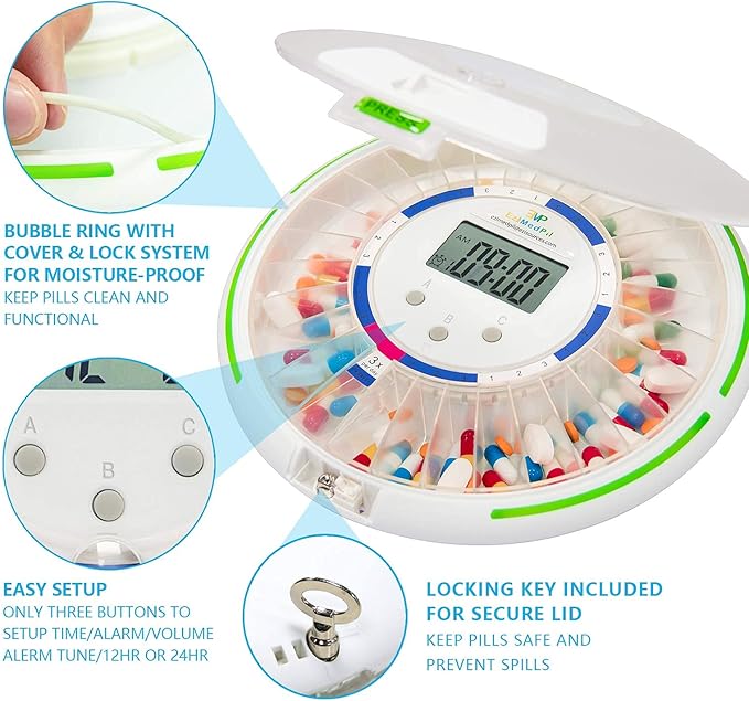 EziMedPil Automatic Pill Dispenser with Alarm, Sound & Light, up to 6 Alarms/Day, 6 Dosage Templates, Easy-Read Display, Frosted Lid & Locked 28-Day Medication Dispenser for Protecting Pills Privacy