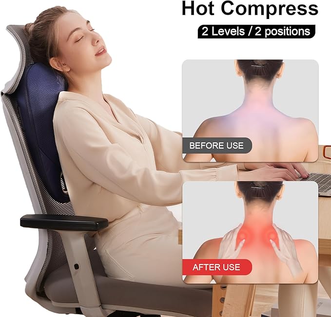 Shiatsu Neck and Back Massager ,With Heating and Bidirectional Rotation Heads ,4D Electric Massage Pillow with 4 Nodes ,Neck Back Shoulder Foot Pain Relief, Portable & Rechargeable, Holiday Gift