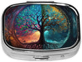 Magic Fantasy Tree Art Print Square Metal Pill Box with 2 Compartment for Pocket or Purse Travel Bag Small Size 2.2 inche