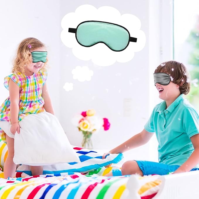 Sintege 4 Pcs Silk Eye Mask for Sleeping Kids Soft Eye Cover with Adjustable Strap Blindfold for Kids Boys Girls Christmas Travel Gift Nap Shade Blocking Light(Green, Gray)