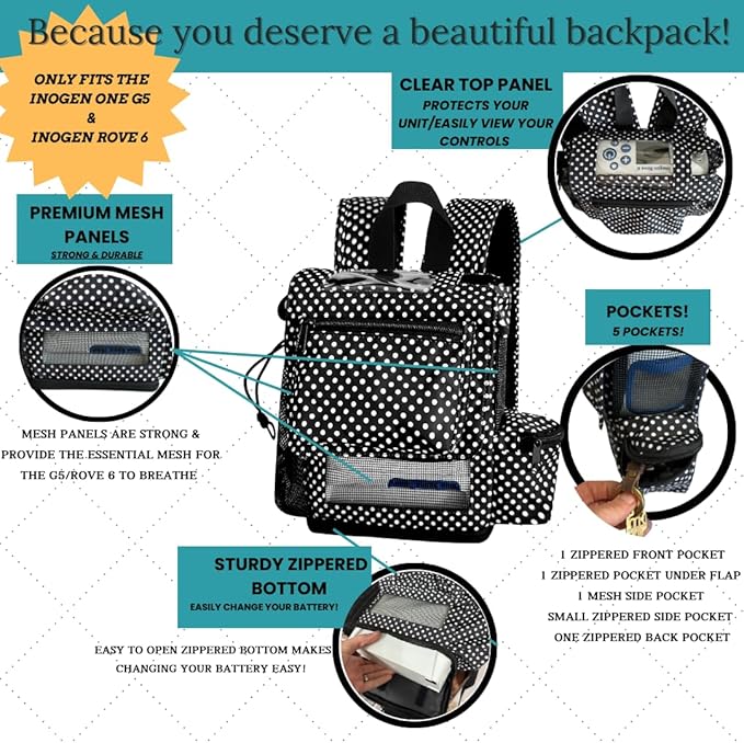 O2TOTES Premium Backpack – Fits Inogen One G5 & Inogen Rove 6, Lightweight with Padded Straps & Zippered Bottom