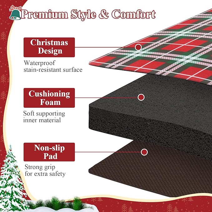 SHACOS Christmas Checkered Kitchen Rugs Set of 2 Anti-Fatigue Kitchen Mats Cushioned Christmas Kitchen Rugs Red Green Plaid Farmhouse Kitchen Mats and Rugs for Xmas 17x27.5+17x47, Red Green Plaid