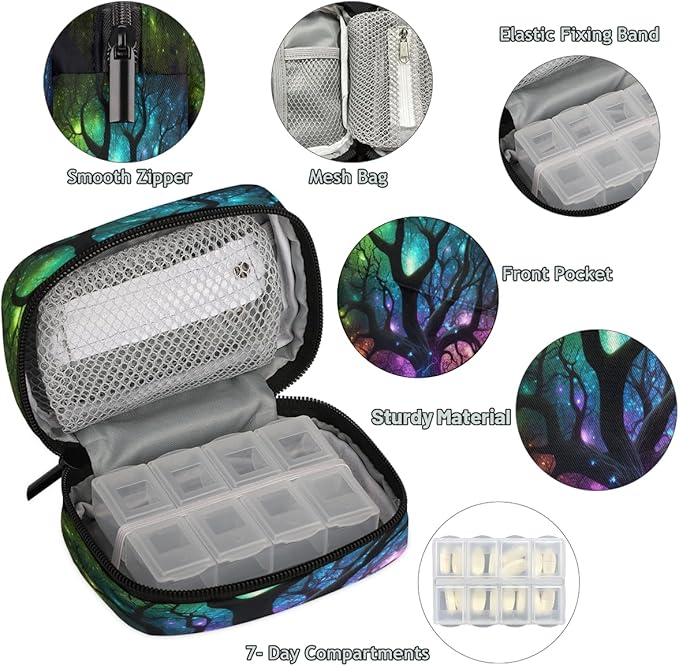 Tree of Life Galaxy Travel Pill Organizer Box Weekly Portable Pill Case Daily Pills 7 Day Small Birth Control Pills Container Removable Compartments for Medicine Vitamins Fish Oil