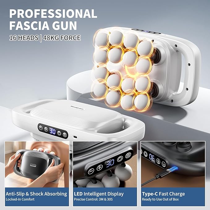 16 Head Massage Gun Deep Tissue, Gift for Husband 2026 Upgrade 48KG Force, 3 Modes & 30 Intensities, Quiet Portable with Dual Safety Protection for Neck Back Legs Waist Pain Relief