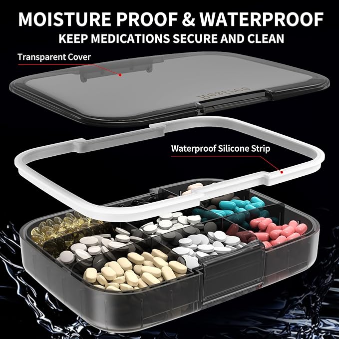Restree Pill Organizer, Large & Waterproof Travel Pill Case, Adjustable Dividers for Daily Vitamins, Supplements, Fish Oil - Portable Medicine Box for Home & On-The-Go, 9 Compartment (Black)