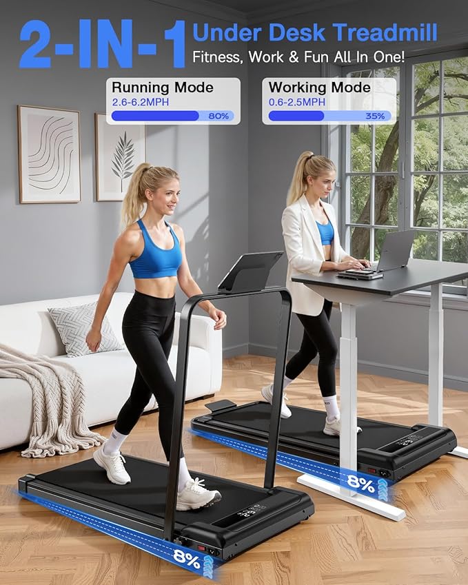 2 in 1 Walking Pad with Handle Bars, 8% Incline Foldable Treadmills for Home Office Ultra Quiet <40dB, 3.5 HP Portable Walking Jogging Running Machine with LED Display & Remote, 320+LB Capacity
