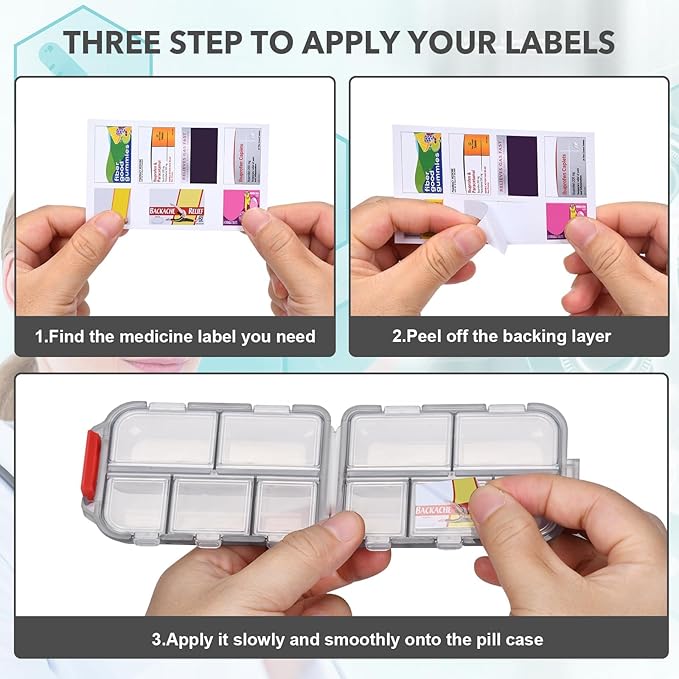 1Pack Travel Pill Organizer with 189 Medicine Labels, 10 Compartments Small Pill Case Compact and Portable Travel Pill Box for Airplane Car Purse Nurse Vacation Essentials