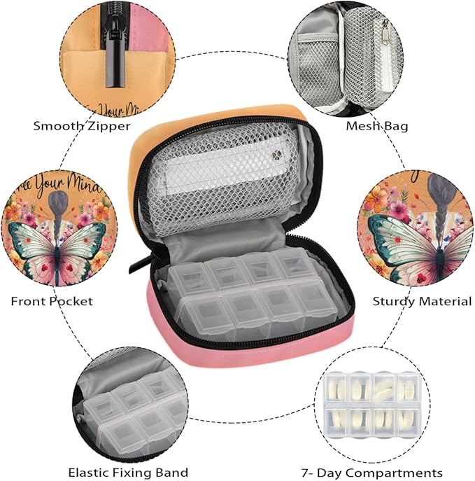 Butterfly Woman Flower Pill Case Travel Pill Organizer Weekly 7 Day Portable with Zipper Medicine Box Pill Case for Vitamins, Birth Control,Fish Oils,Medication, Supplements