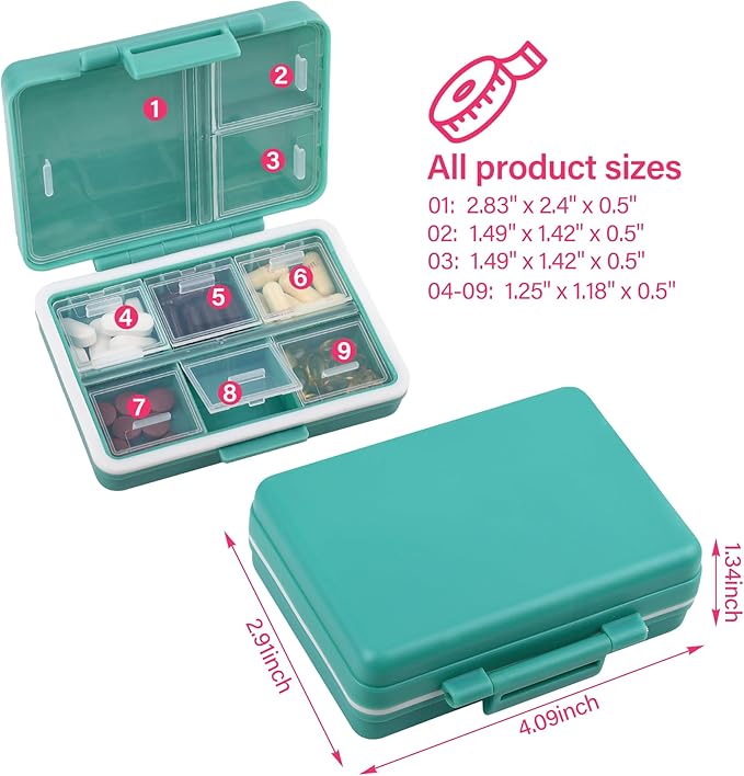9-Grid Pill Organizer,Portable Pill Box,Large Capacity Compartments,Travel Pill Container,Medicine Dispenser,Pill Purse,Pill Case for Vitamins, Fish Oils or Supplements(Navy Green)