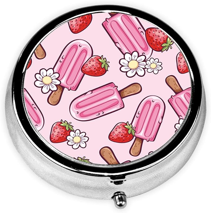 Ice Cream Pill Box 3 Compartment Small Pill Case,Portable for Pocket or Purse Pill Organizer Pill Container Holder with Mirror to Hold Vitamins, Medication, Fish Oil and Supplements