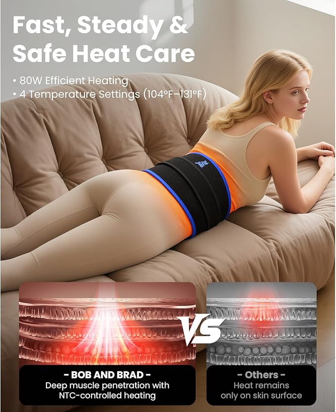 BOB AND BRAD ThermoRed Heating Pad Belt Massager for Lower Back Support, FSA Cordless Wearable Near Infrared Heat & Red Light Lumbar Back Wrap with Adjustable Vibration HSA Eligible, Gift for Family