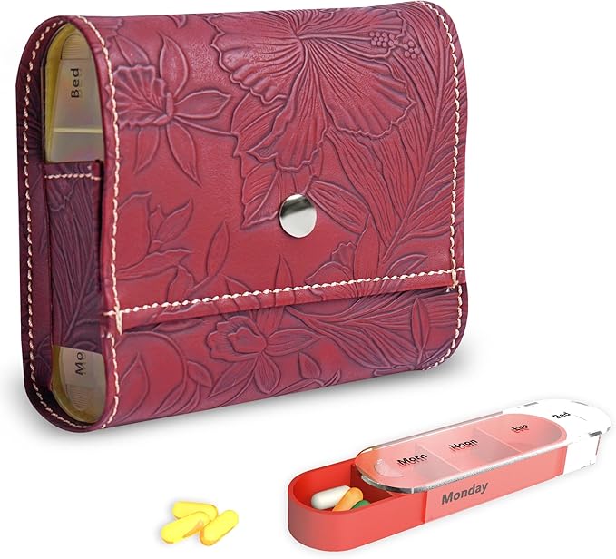 Pill Organizer,LIZIMANDU Weekly Travel Pill Case Box Medication Reminder Daily AM PM, Day Night 7 Compartments,for 4 Times A Day, 7 Days a Week-Includes Leather PU Carrying Case(1-Carved Red2)