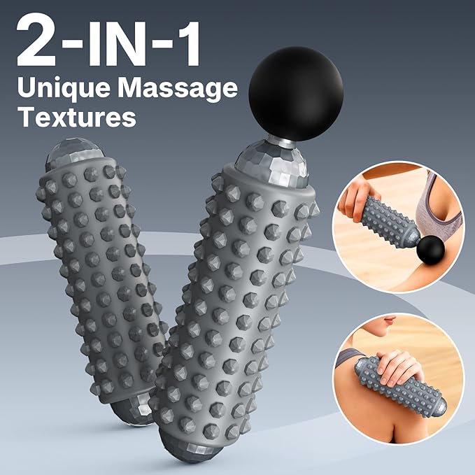 Mini Electric Massage Roller 4 Speeds Vibrating Massage Ball, 2-in-1 Portable Muscle Massager Gun & Roller for Muscle Relief, Detachable Heads, Rechargeable, For Fitness, Office, Travel (Gray)