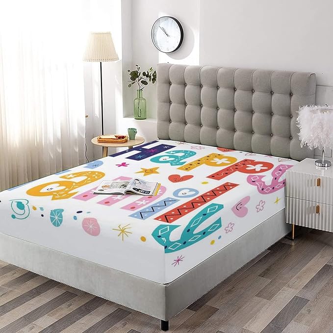 XISUNYA Decorative Fitted Sheet Set Twin Size, Family Deep Pockets Fitted Sheet & 2 Pillow Sham Set, Happy Family Letters with Flowers Hearts Stars Dots Cartoon Printed Microfiber Bedding 3pc Set